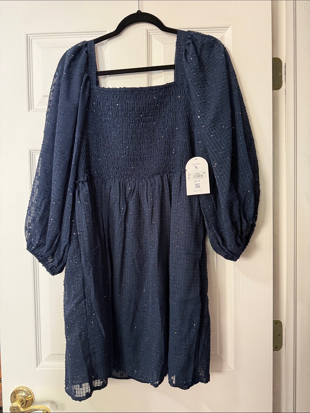 Arula Navy Smocked Bodice Dress with Balloon Sleeves
